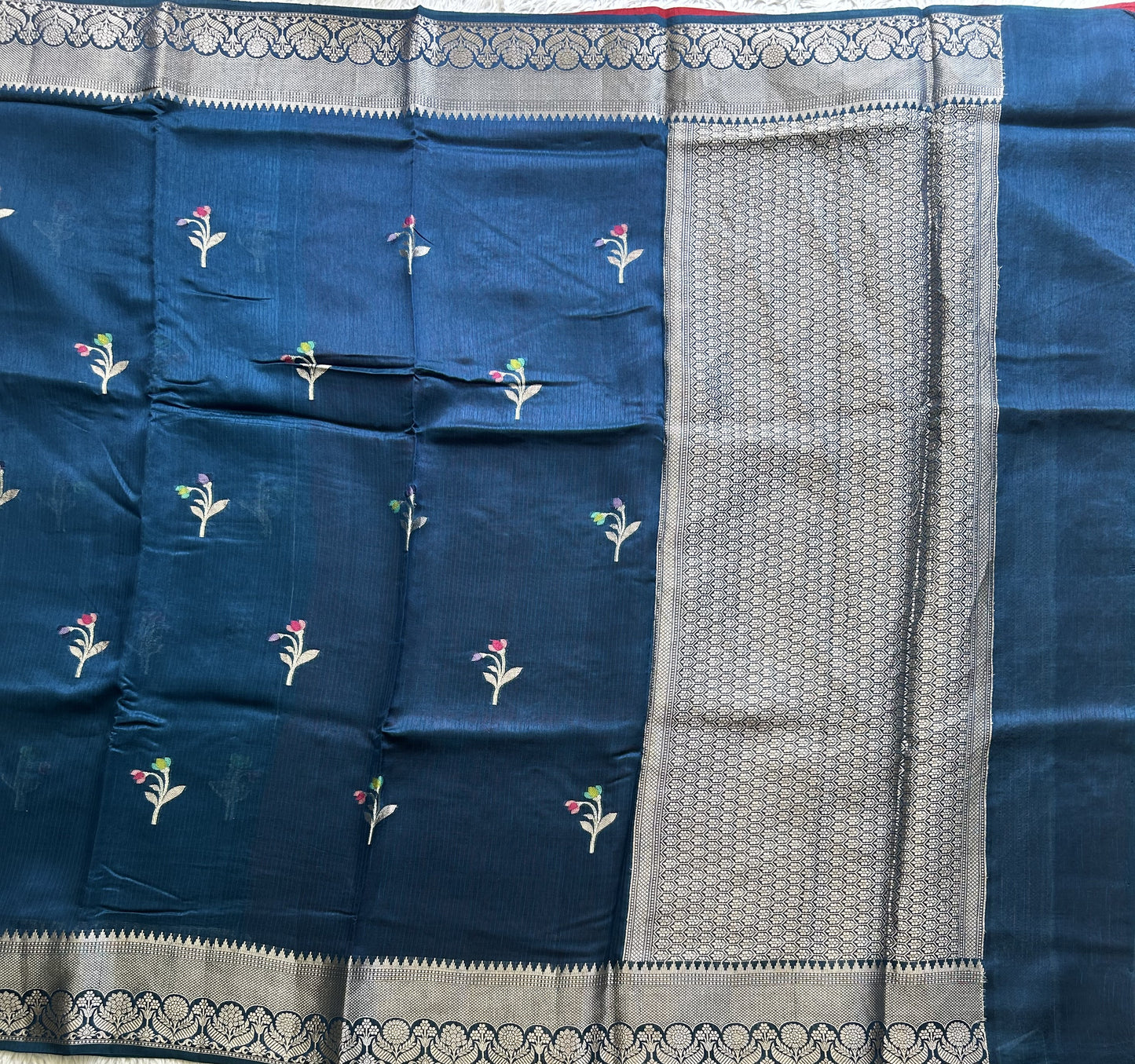 Banarasi Fancy Saree Olympic blue Colored Complemented with a Silver Zari Border. - Sampradaya Designer Studio