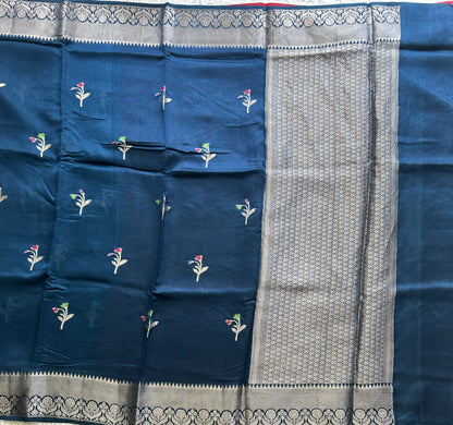 Banarasi Fancy Saree Olympic blue Colored Complemented with a Silver Zari Border. - Sampradaya Designer Studio