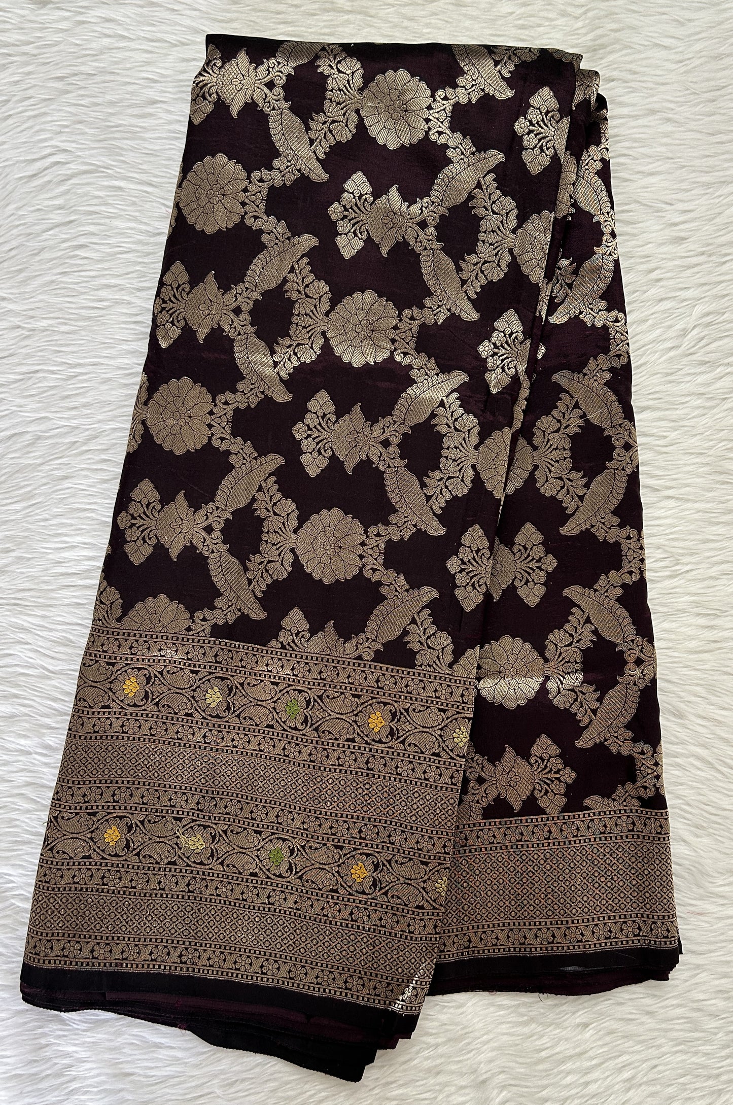 Banarasi Katan Silk Saree Dark Brown colored complemented with a Gold Zari border. - Sampradaya Designer Studio