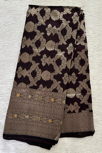 Banarasi Katan Silk Saree Dark Brown colored complemented with a Gold Zari border. - Sampradaya Designer Studio
