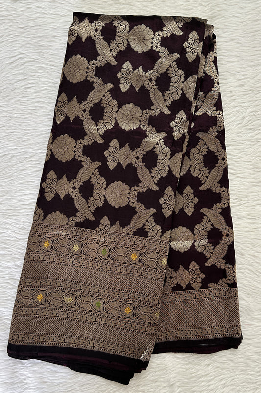 Banarasi Katan Silk Saree Dark Brown colored complemented with a Gold Zari border. - Sampradaya Designer Studio