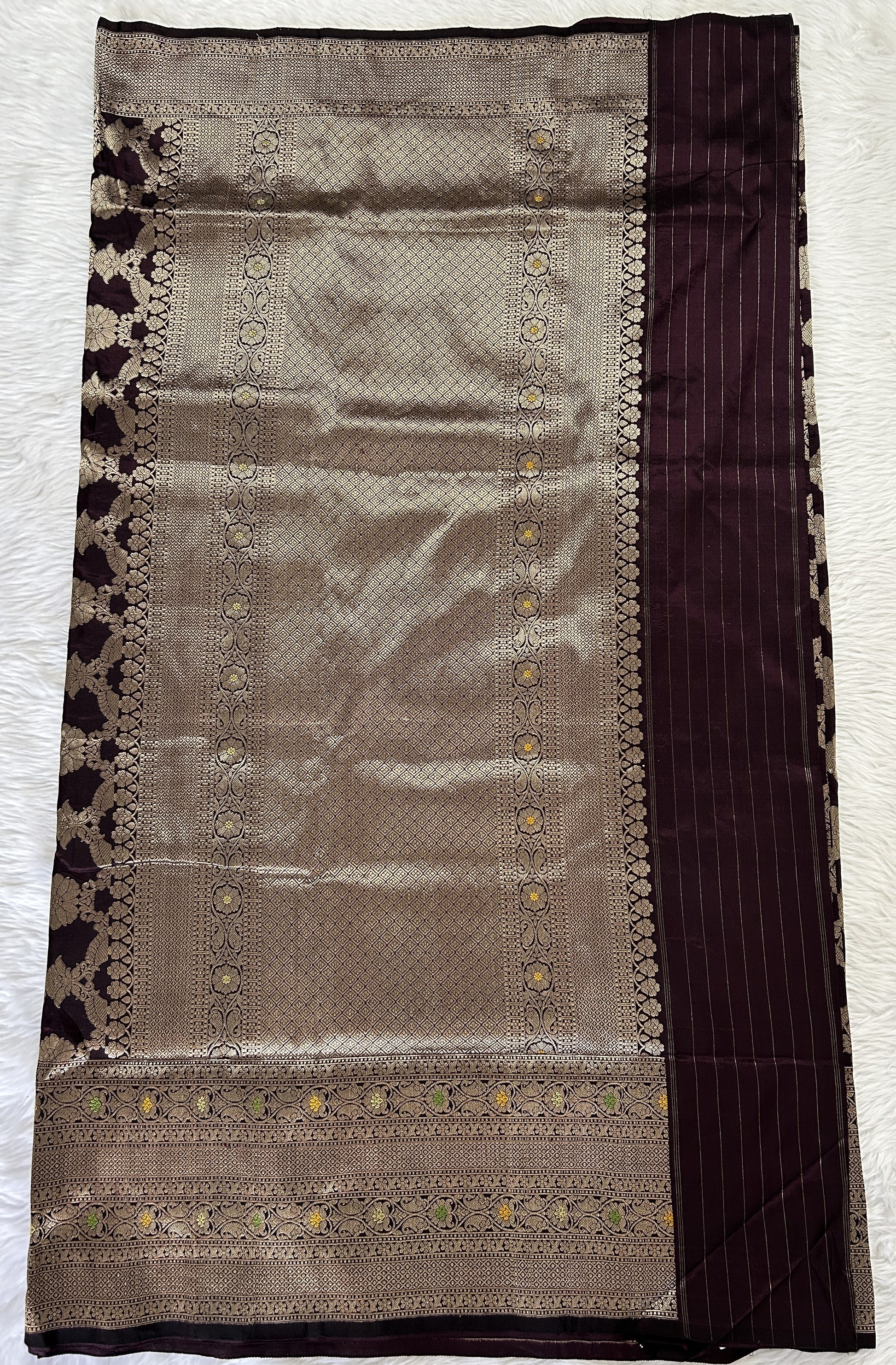 Banarasi Katan Silk Saree Dark Brown colored complemented with a Gold Zari border. - Sampradaya Designer Studio
