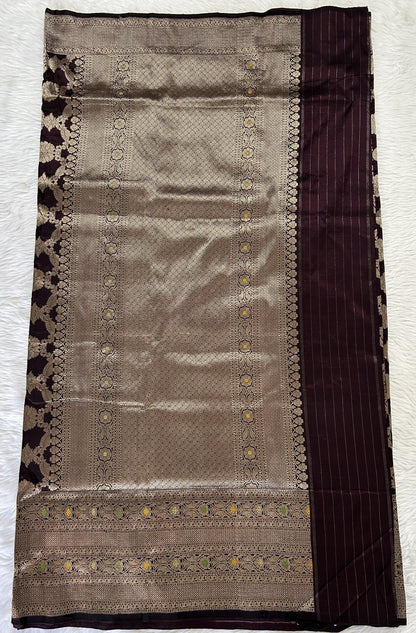 Banarasi Katan Silk Saree Dark Brown colored complemented with a Gold Zari border. - Sampradaya Designer Studio