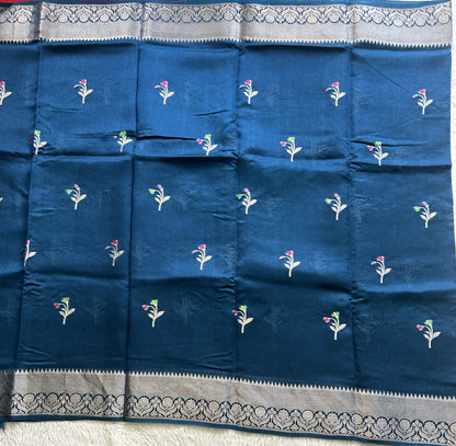 Banarasi Fancy Saree Olympic blue Colored Complemented with a Silver Zari Border. - Sampradaya Designer Studio