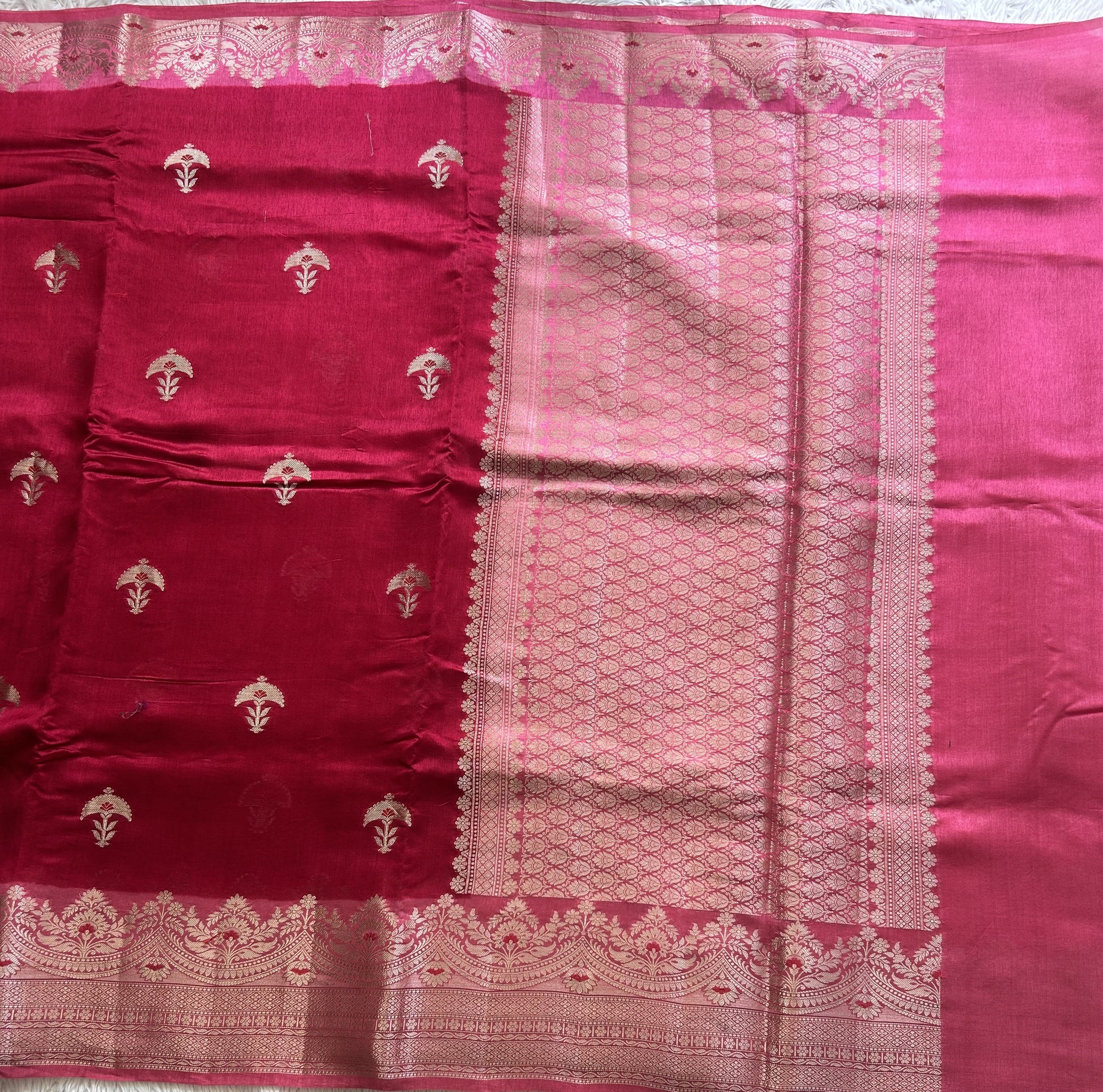Banarasi Fancy Saree cerise Pink Colored Complemented with a Silver Zari Border. - Sampradaya Designer Studio