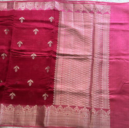 Banarasi Fancy Saree cerise Pink Colored Complemented with a Silver Zari Border. - Sampradaya Designer Studio