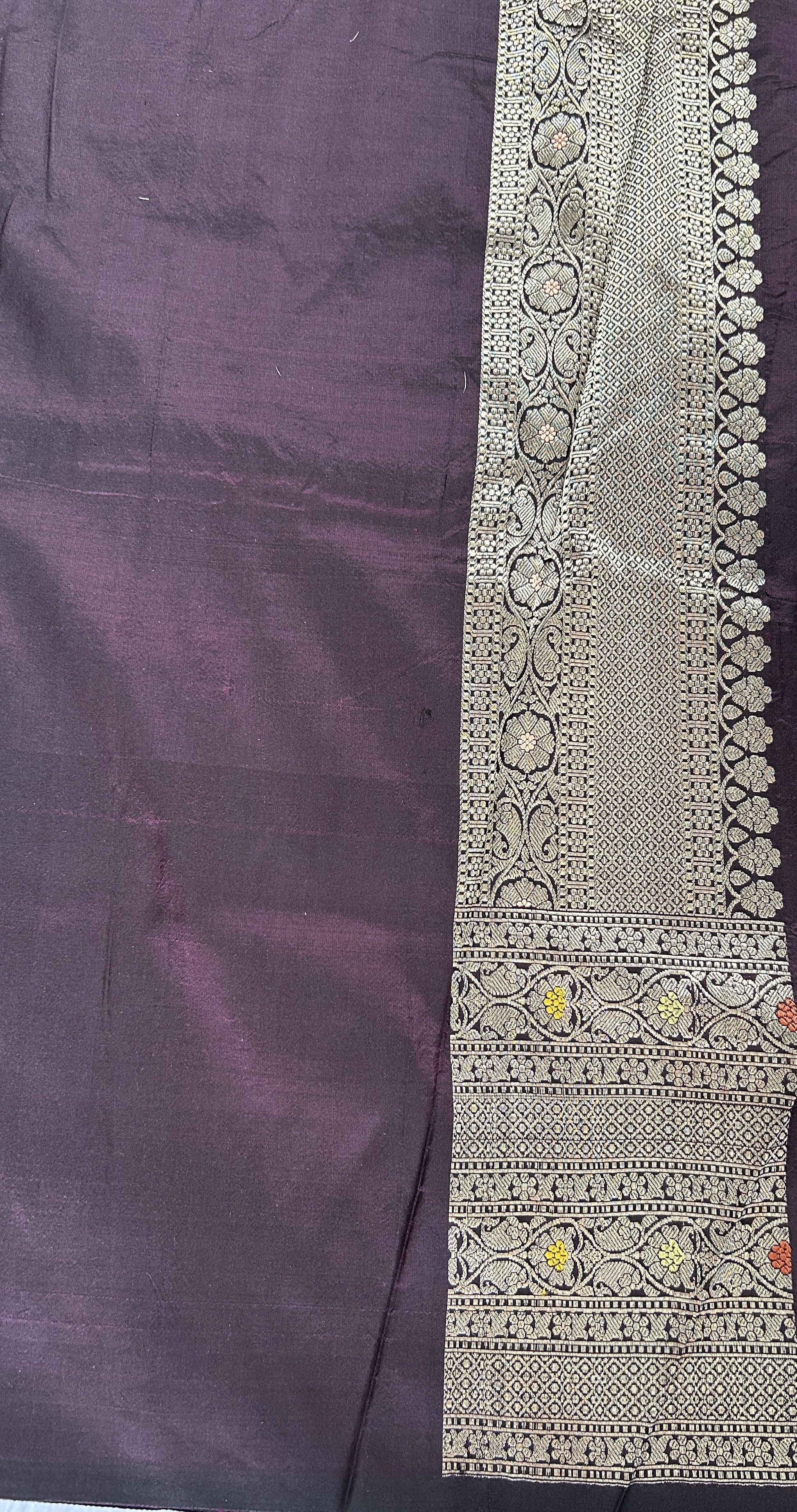 Banarasi Katan Silk Saree Dark Brown colored complemented with a Gold Zari border. - Sampradaya Designer Studio