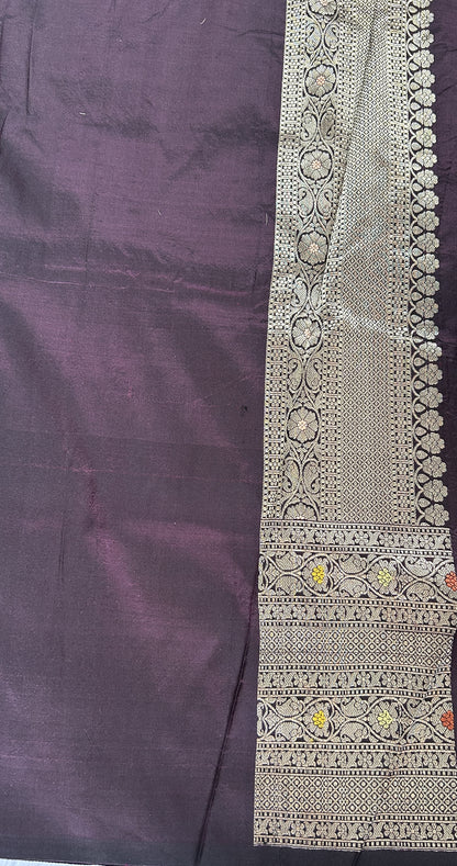 Banarasi Katan Silk Saree Dark Brown colored complemented with a Gold Zari border. - Sampradaya Designer Studio
