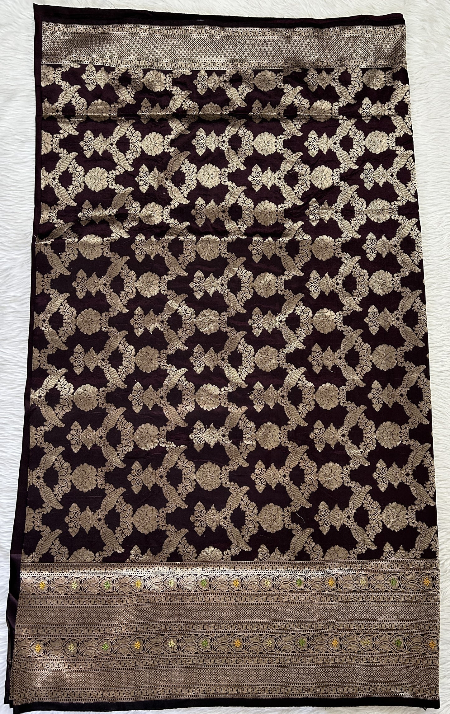 Banarasi Katan Silk Saree Dark Brown colored complemented with a Gold Zari border. - Sampradaya Designer Studio