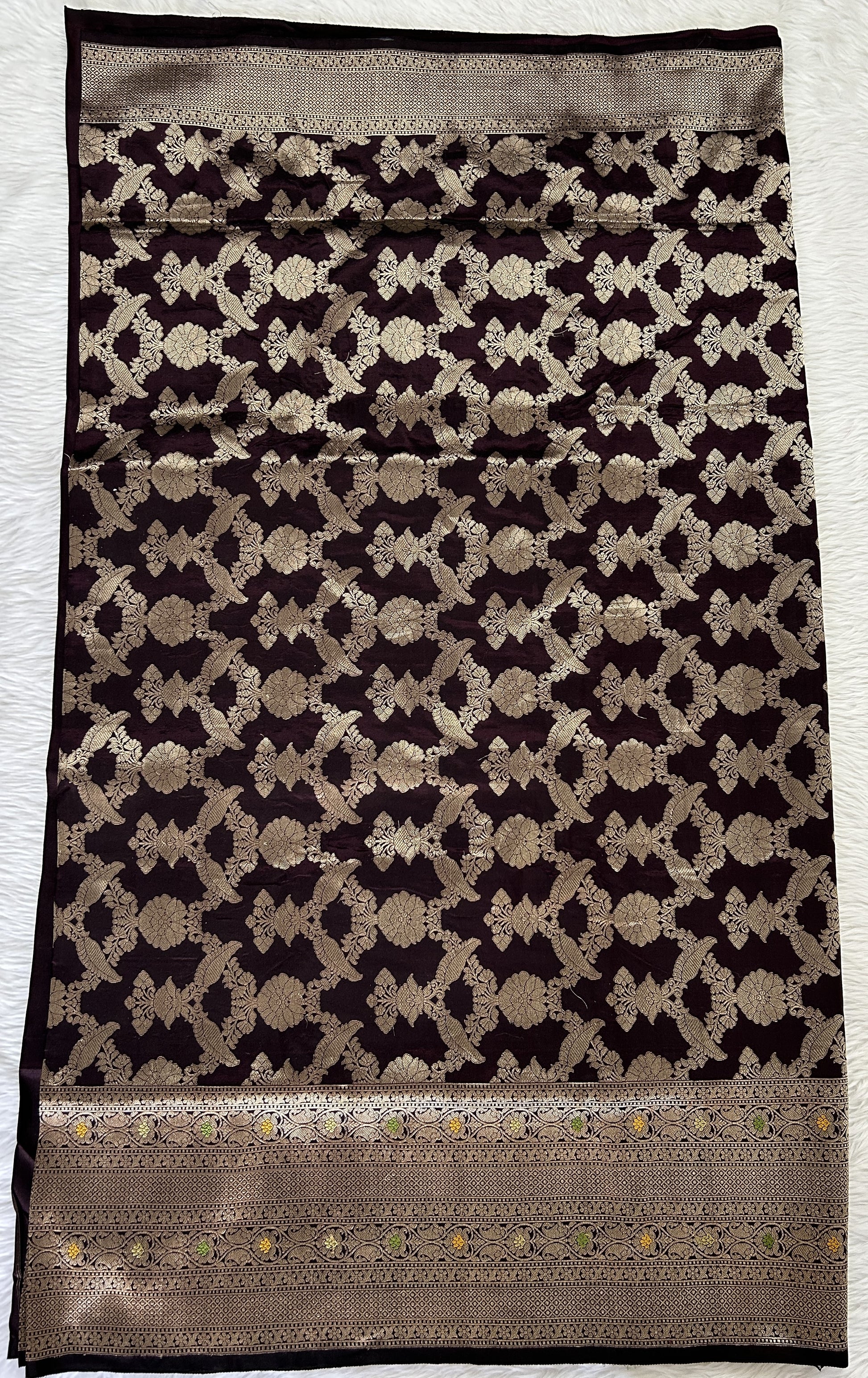 Banarasi Katan Silk Saree Dark Brown colored complemented with a Gold Zari border. - Sampradaya Designer Studio