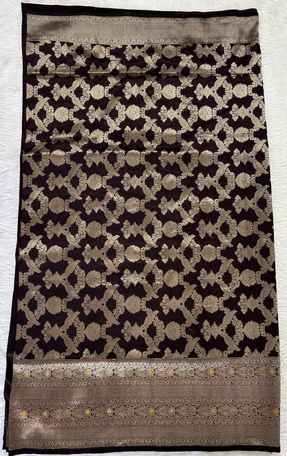 Banarasi Katan Silk Saree Dark Brown colored complemented with a Gold Zari border. - Sampradaya Designer Studio