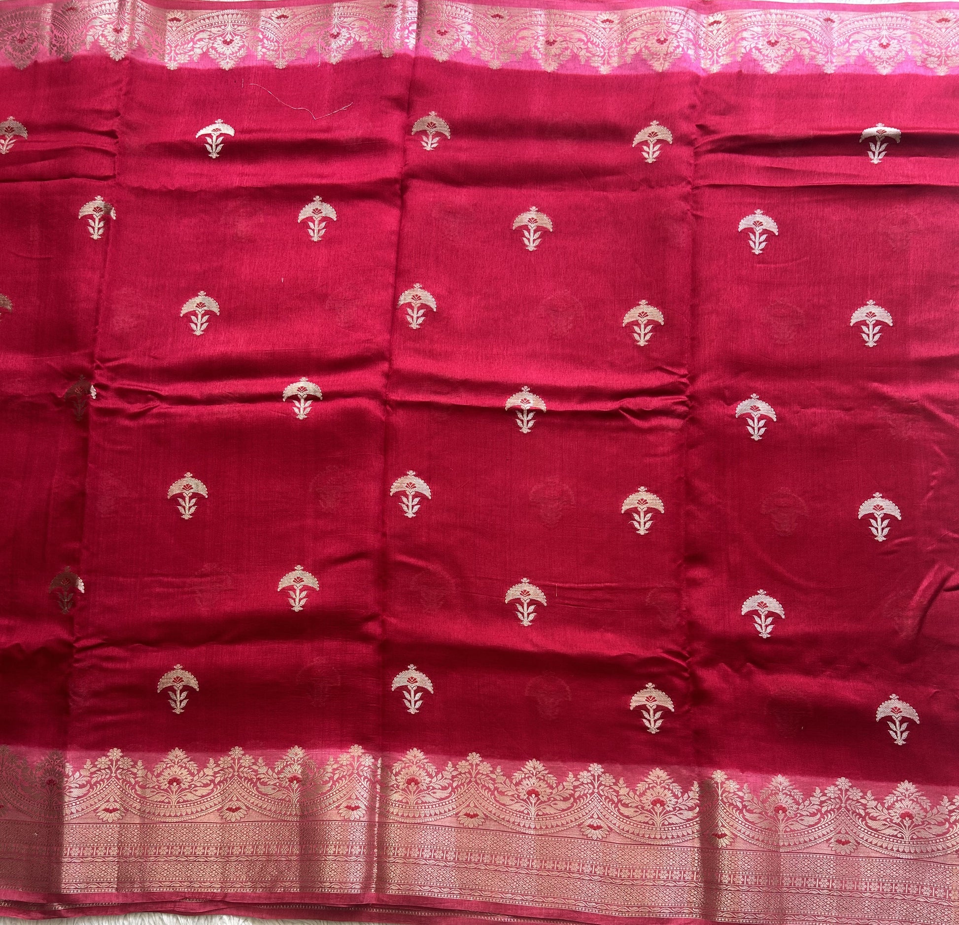 Banarasi Fancy Saree cerise Pink Colored Complemented with a Silver Zari Border. - Sampradaya Designer Studio