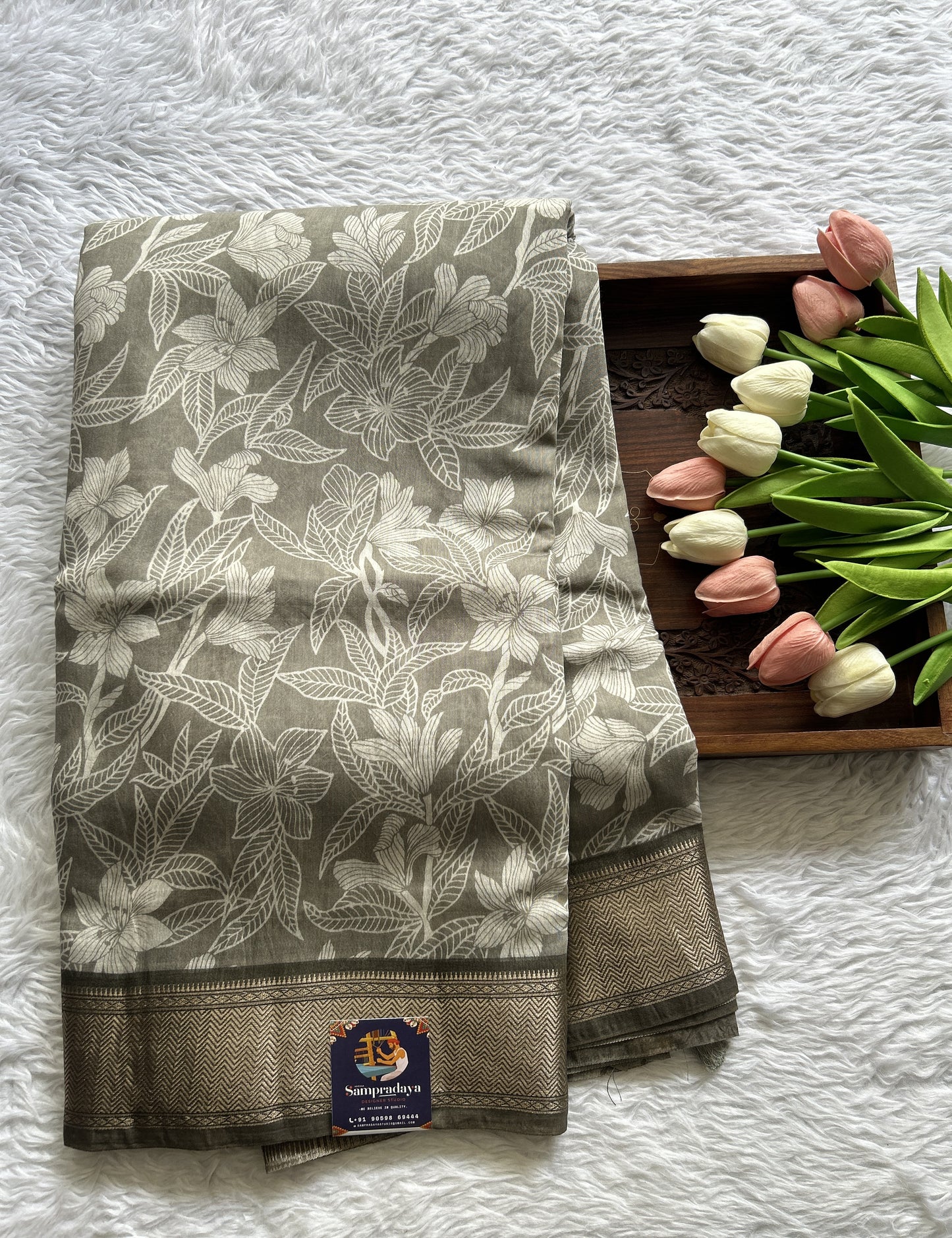 Dola Crepe Saree Gray Colored Complemented with a Zari Border. - Sampradaya Designer Studio