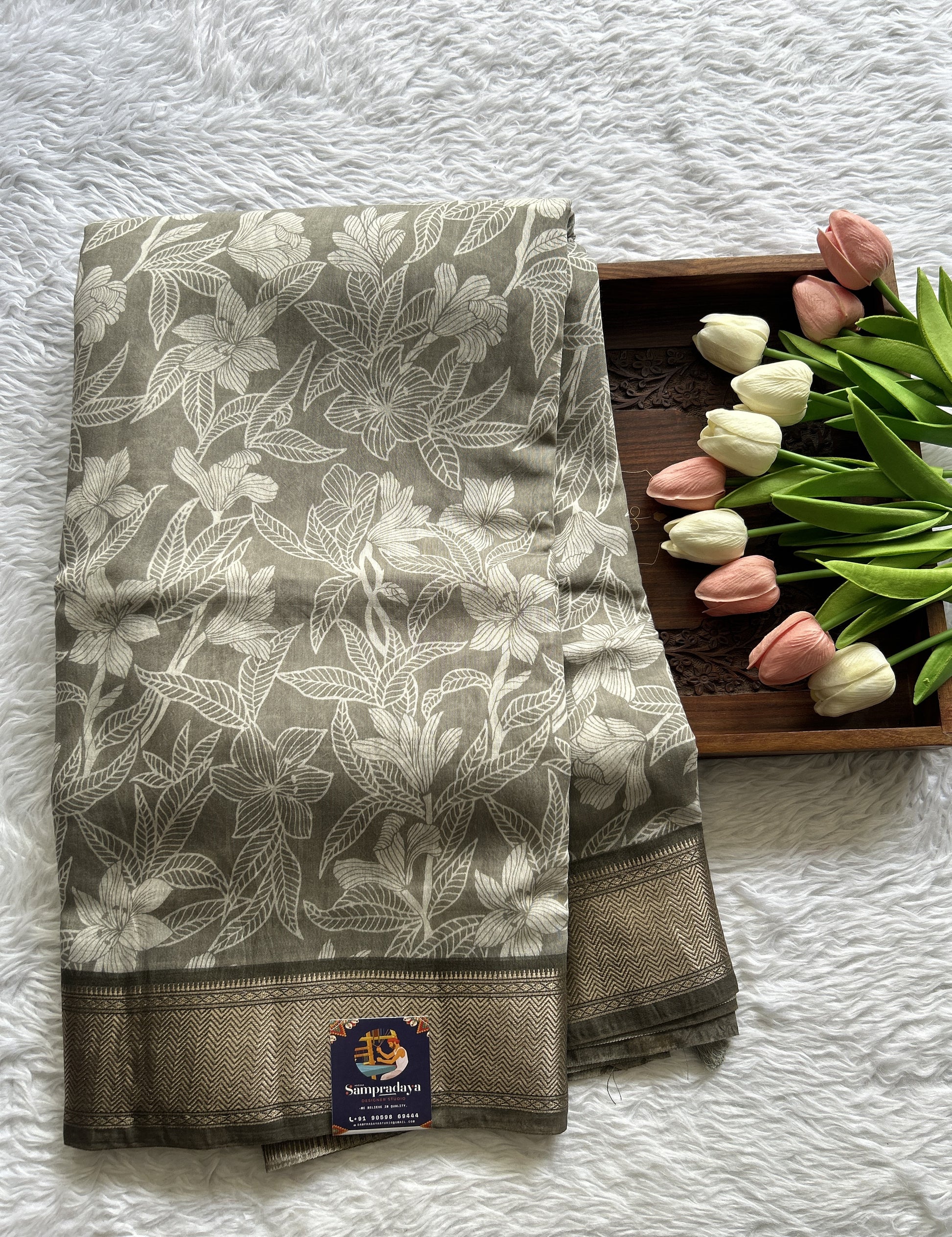 Dola Crepe Saree Gray Colored Complemented with a Zari Border. - Sampradaya Designer Studio