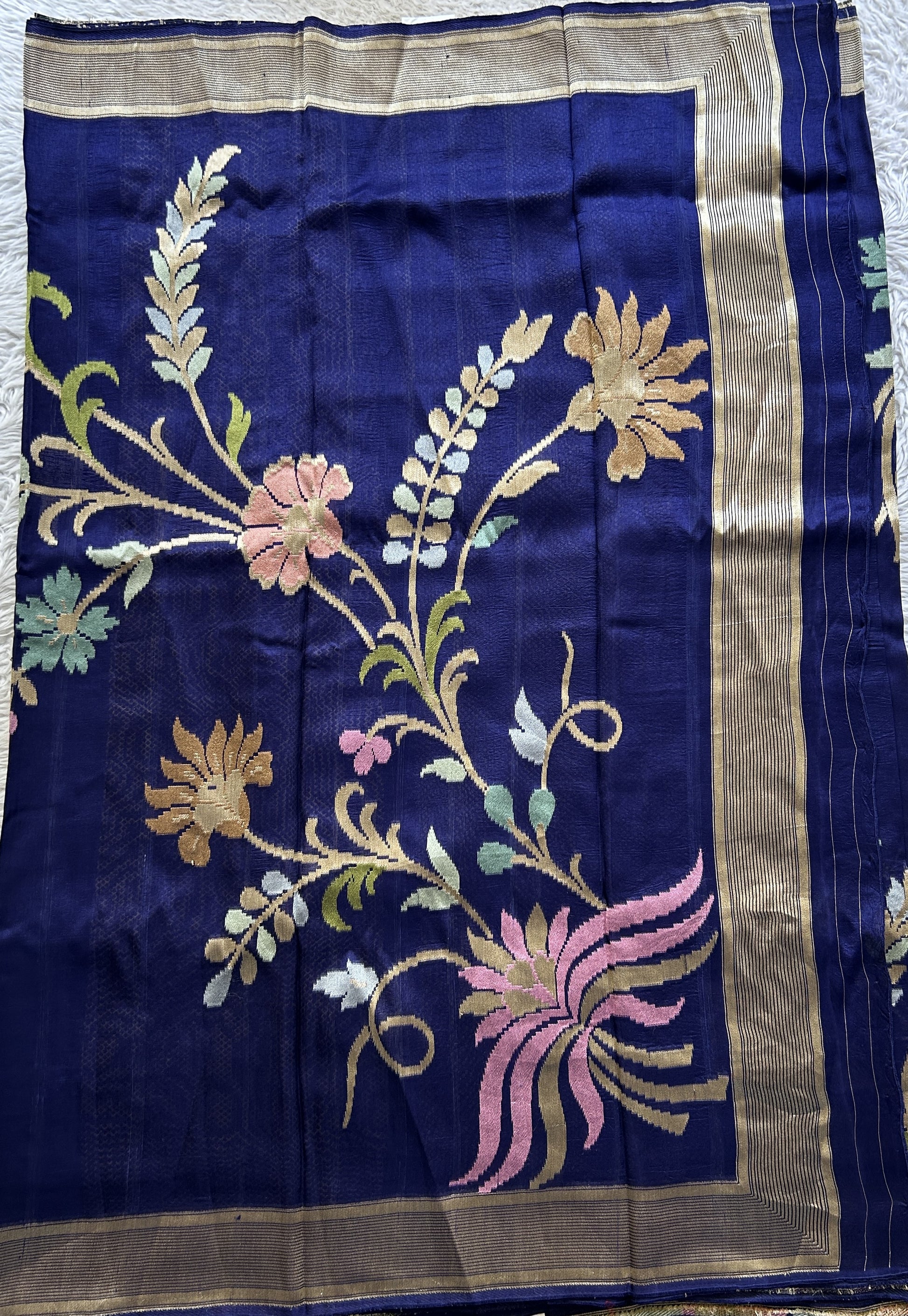 Banarasi Tussar Georgette Plain Saree Navy Blue Colored Exquisite Zari Border. - Sampradaya Designer Studio
