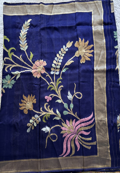 Banarasi Tussar Georgette Plain Saree Navy Blue Colored Exquisite Zari Border. - Sampradaya Designer Studio