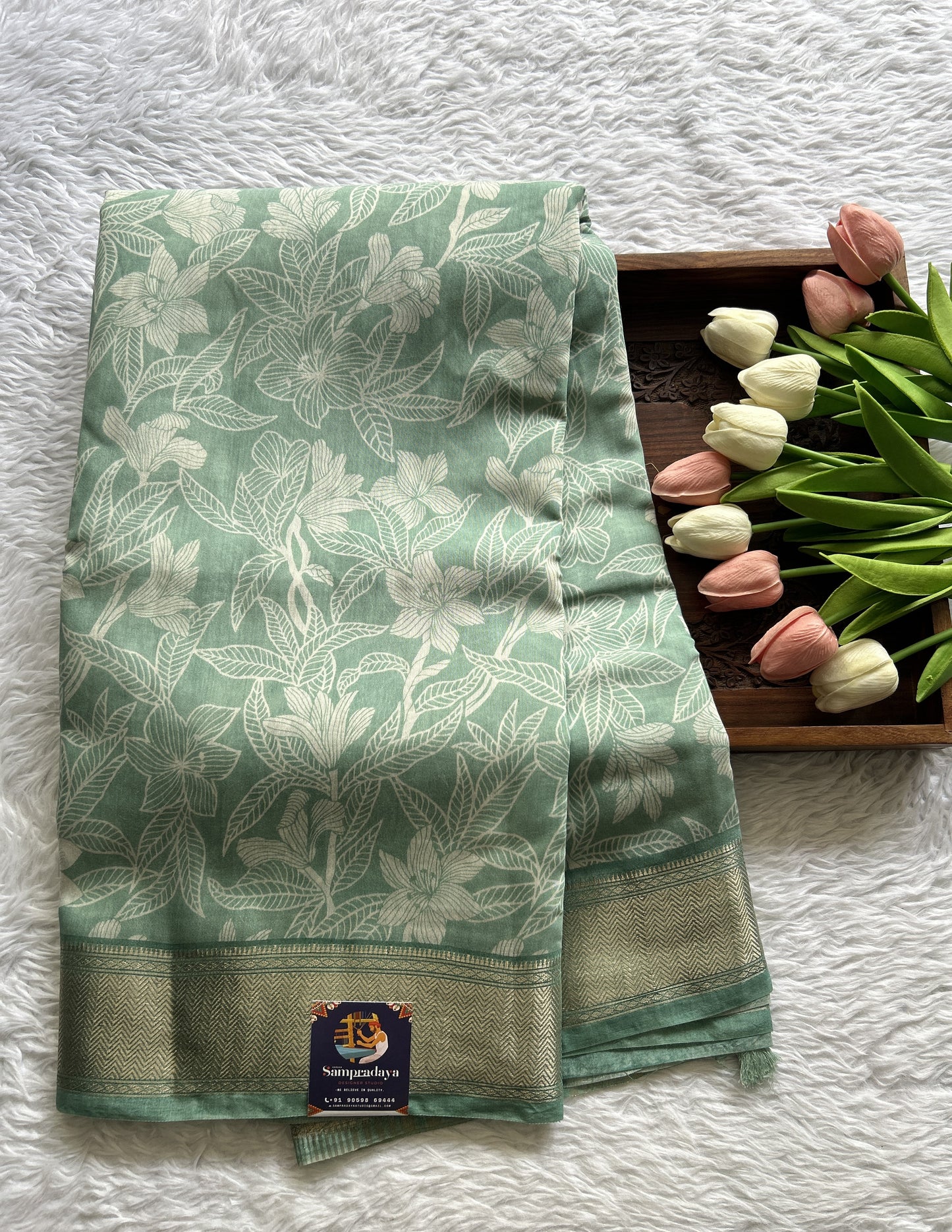 Dola Crepe Saree Sea Green Colored Complemented with a Zari Border. - Sampradaya Designer Studio