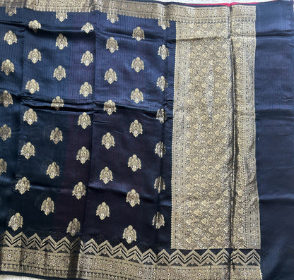 Banarasi Fancy Saree Prussian Blue Colored Complemented with a Silver Zari Border. - Sampradaya Designer Studio