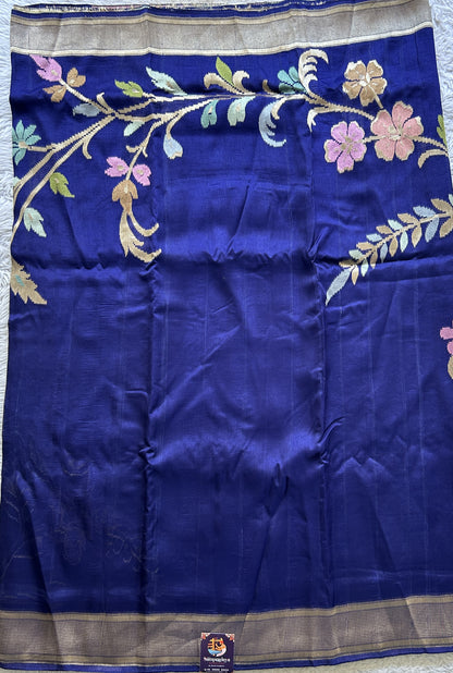 Banarasi Tussar Georgette Plain Saree Navy Blue Colored Exquisite Zari Border. - Sampradaya Designer Studio