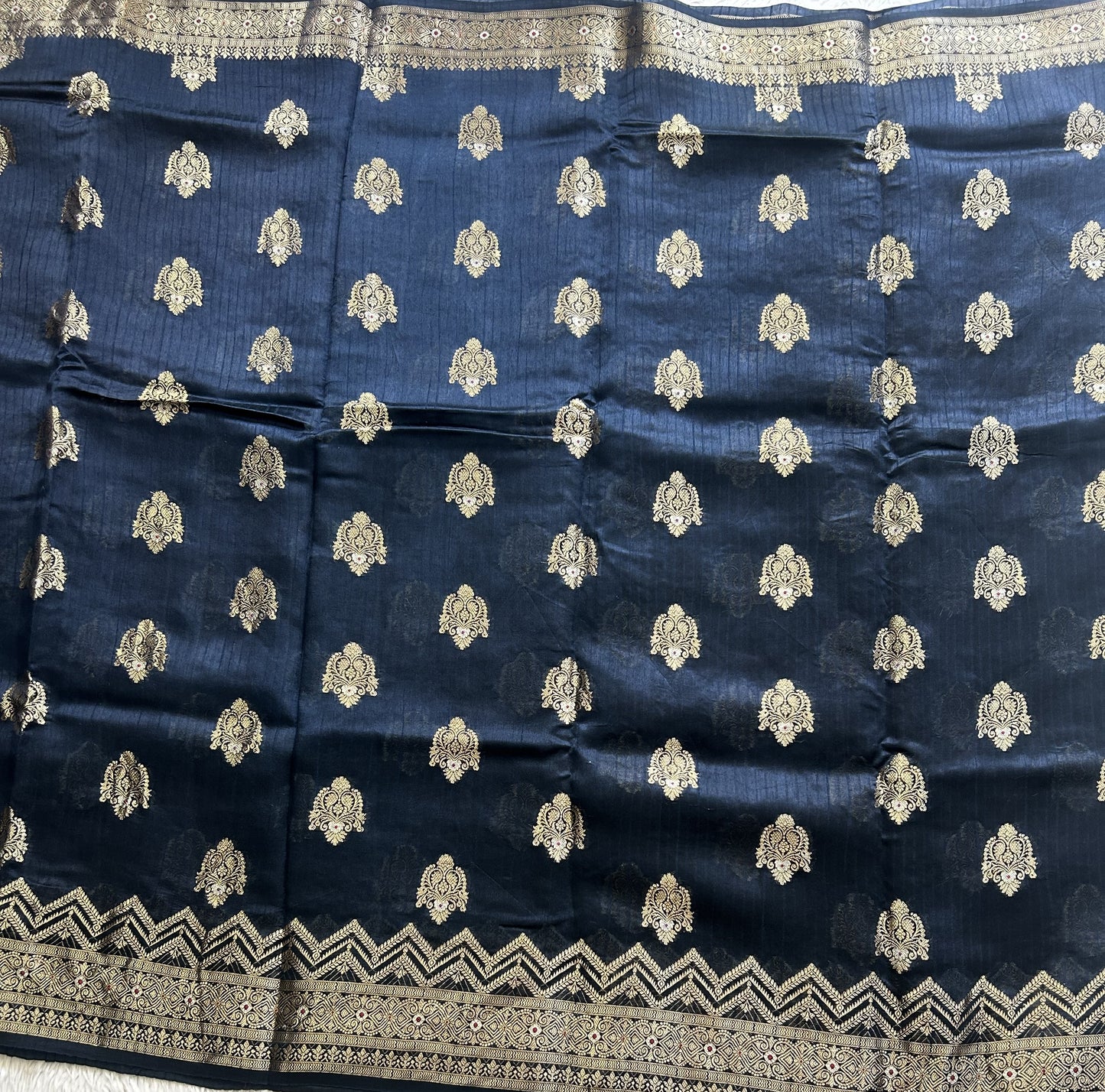 Banarasi Fancy Saree Prussian Blue Colored Complemented with a Silver Zari Border. - Sampradaya Designer Studio