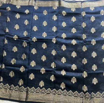 Banarasi Fancy Saree Prussian Blue Colored Complemented with a Silver Zari Border. - Sampradaya Designer Studio