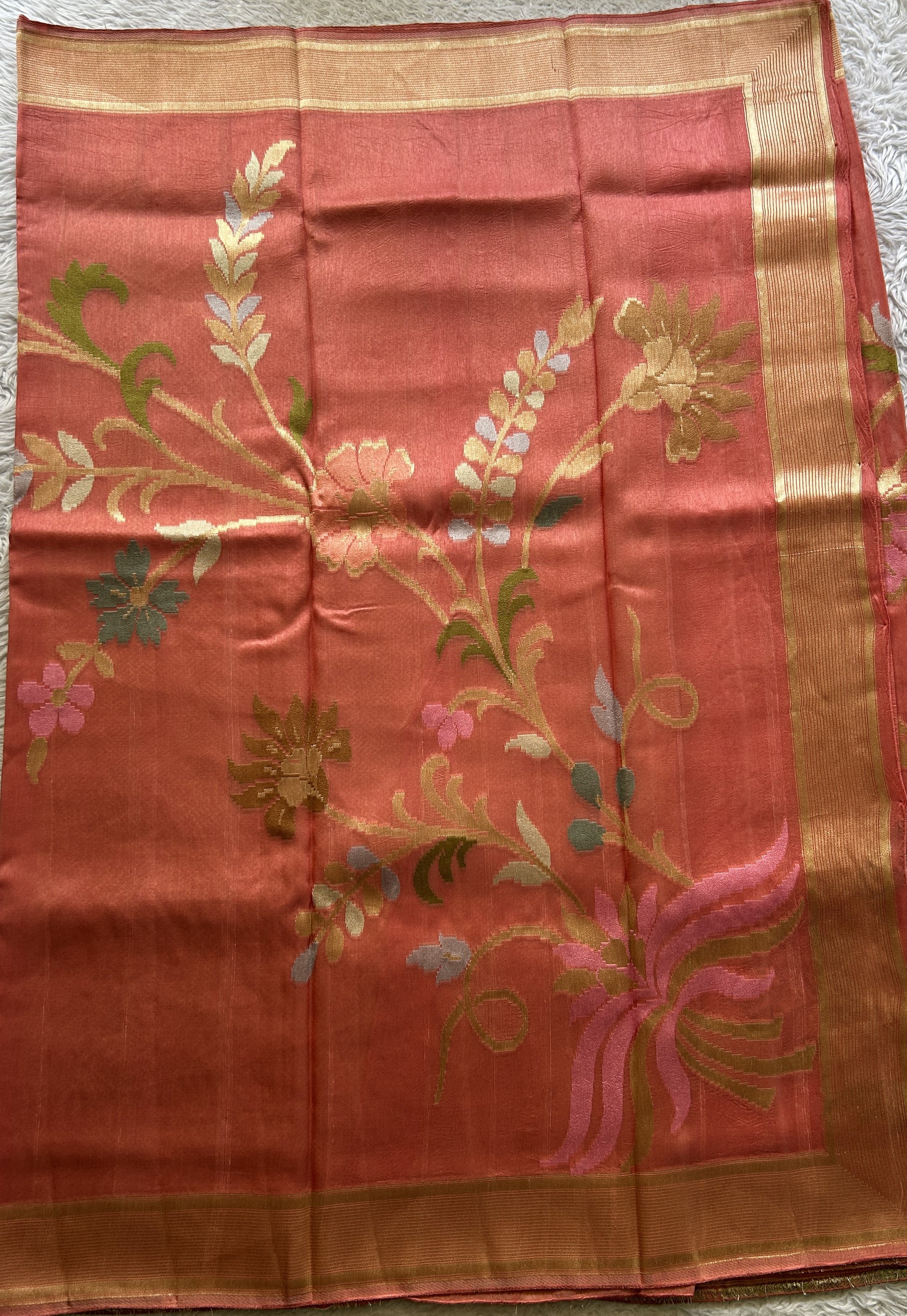 Banarasi Tussar Georgette Plain Saree Peach Colored Exquisite Zari Border. - Sampradaya Designer Studio
