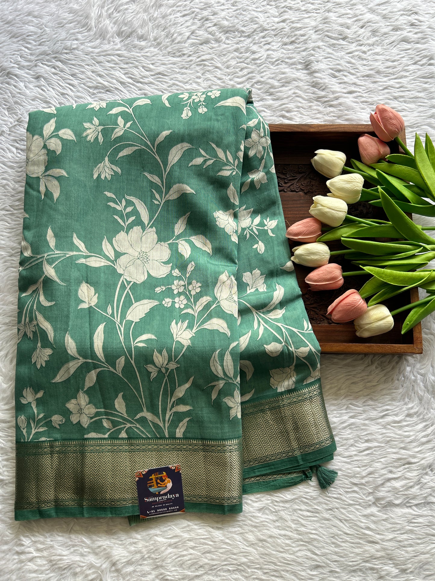 Dola Crepe Saree Sea Green Colored Complemented with a Zari Border. - Sampradaya Designer Studio