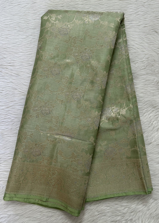 Banarasi Katan Silk Saree Pastel Green colored Saree complemented with a Light Gold Zari border. - Sampradaya Designer Studio