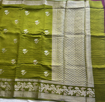 Banarasi Fancy Saree Olive Yellow Colored Complemented with a Silver Zari Border. - Sampradaya Designer Studio