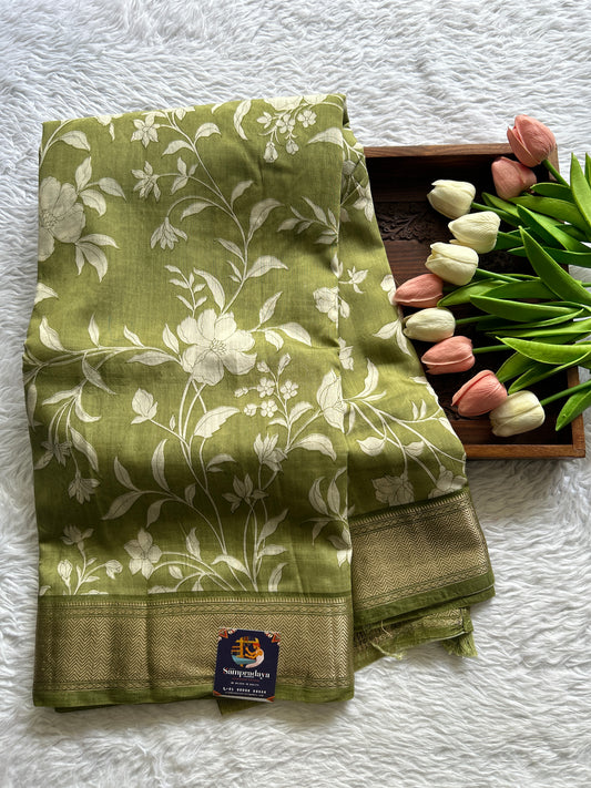 Dola Crepe Saree Olive Green Colored Complemented with a Zari Border. - Sampradaya Designer Studio