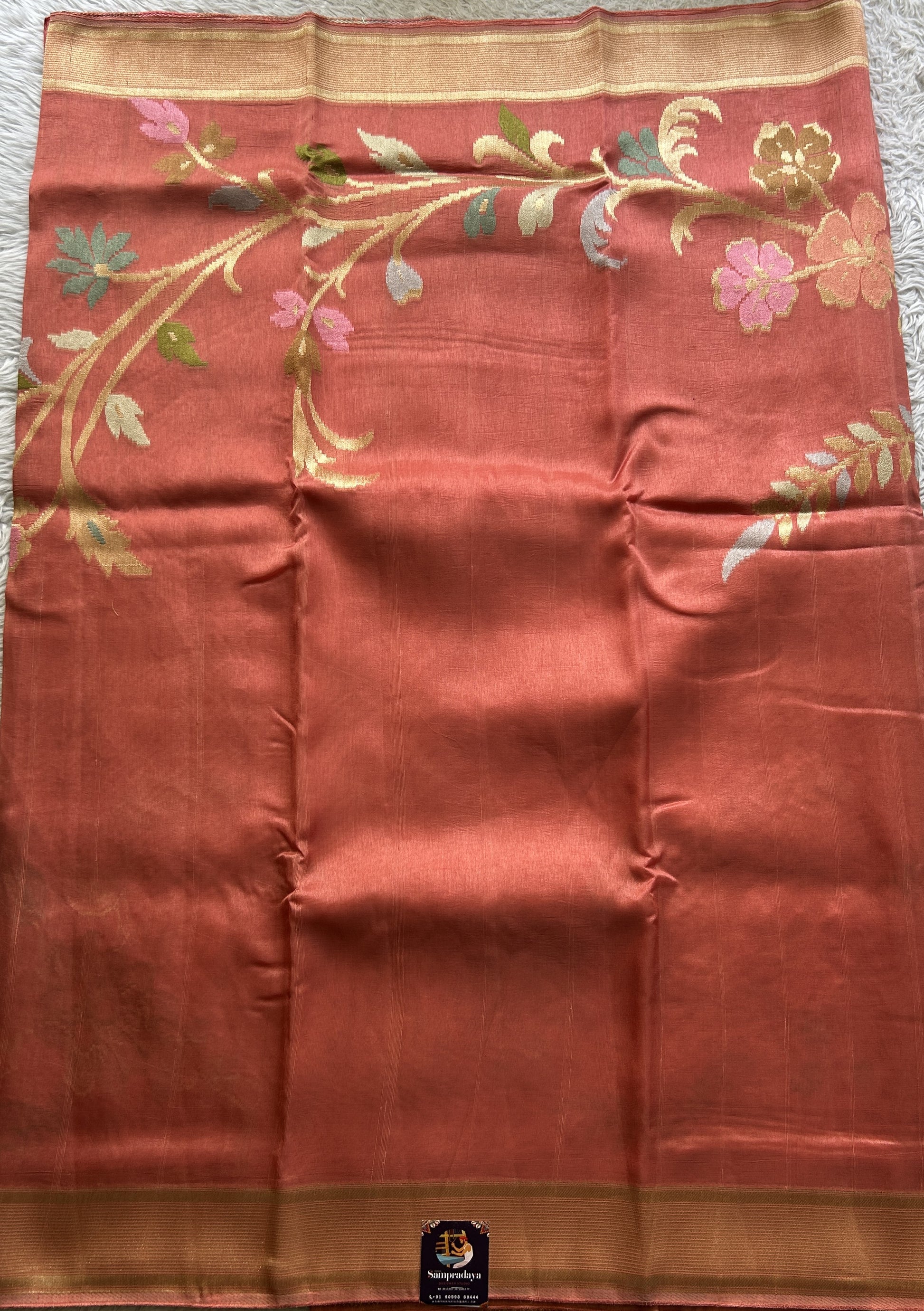 Banarasi Tussar Georgette Plain Saree Peach Colored Exquisite Zari Border. - Sampradaya Designer Studio