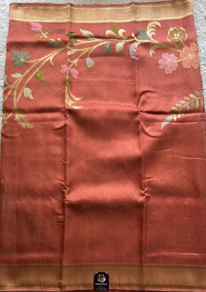 Banarasi Tussar Georgette Plain Saree Peach Colored Exquisite Zari Border. - Sampradaya Designer Studio