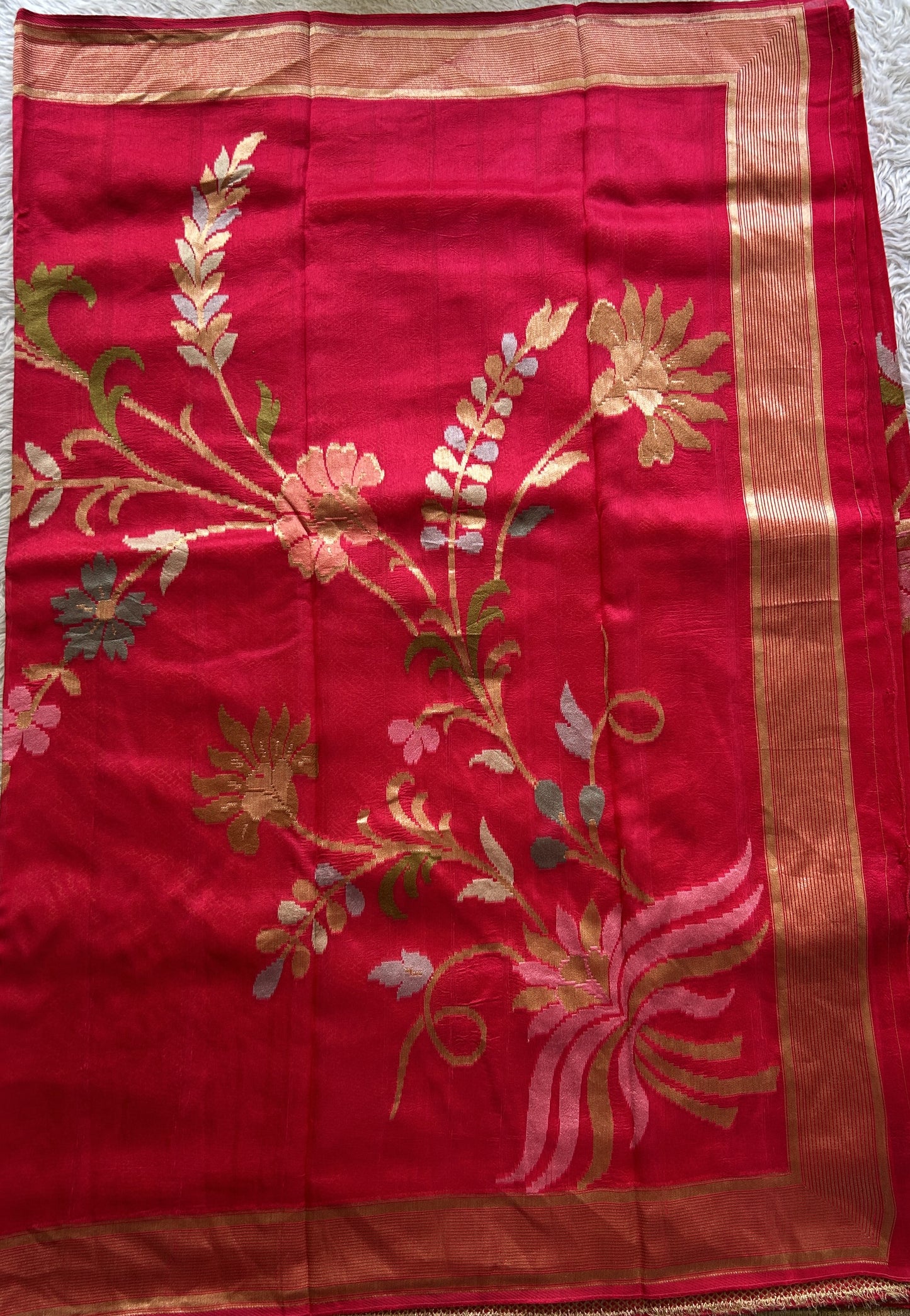 Banarasi Tussar Georgette Plain Saree Dark Pink Colored Exquisite Zari Border. - Sampradaya Designer Studio