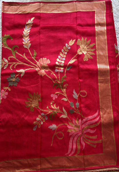 Banarasi Tussar Georgette Plain Saree Dark Pink Colored Exquisite Zari Border. - Sampradaya Designer Studio