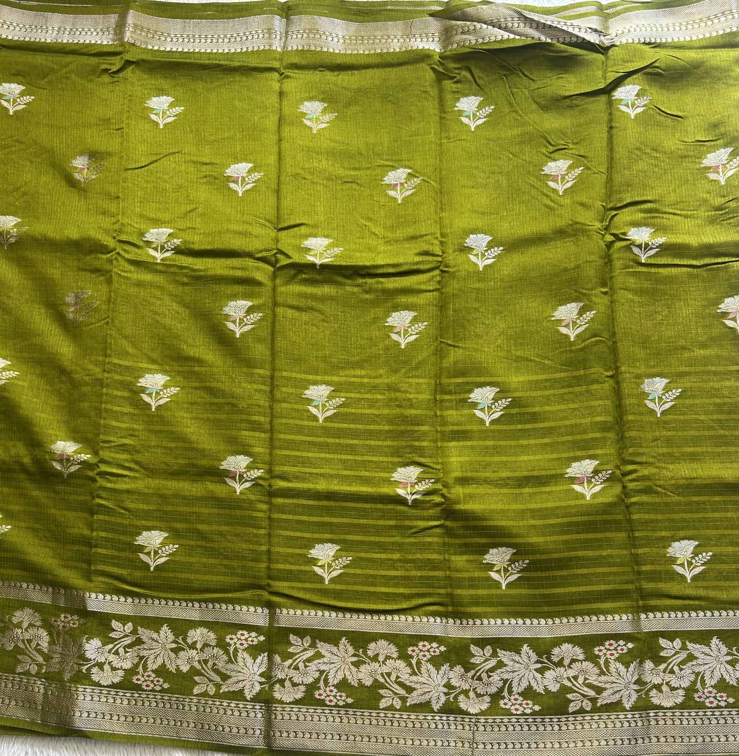 Banarasi Fancy Saree Olive Yellow Colored Complemented with a Silver Zari Border. - Sampradaya Designer Studio