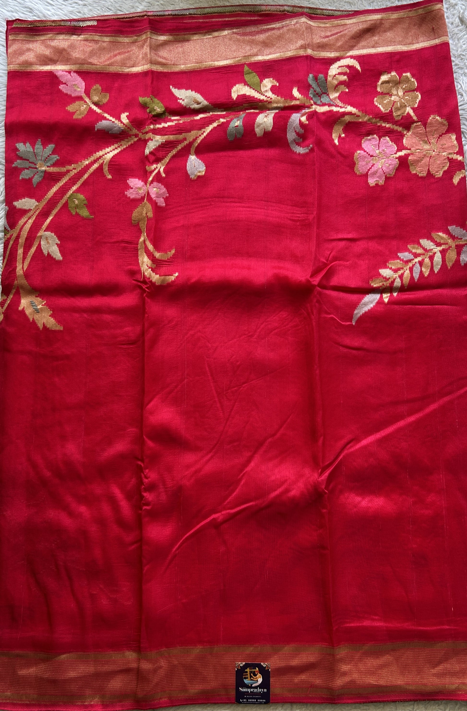 Banarasi Tussar Georgette Plain Saree Dark Pink Colored Exquisite Zari Border. - Sampradaya Designer Studio