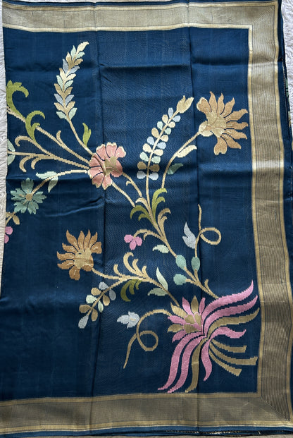 Banarasi Tussar Georgette Plain Saree Peacock Blue Colored Exquisite Zari Border. - Sampradaya Designer Studio