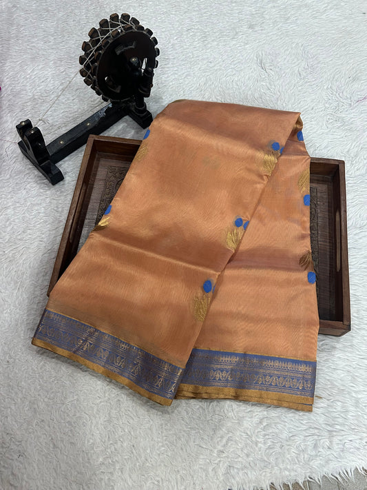 Chanderi Silk Saree  Coral color Elegantly Paired with a Gold Zari Border