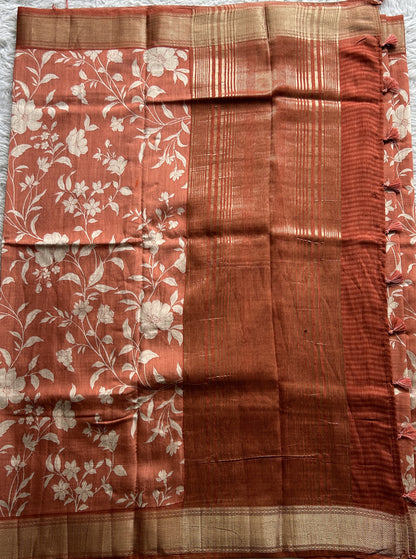 Dola Crepe Saree Peach Colored Complemented with a Zari Border. - Sampradaya Designer Studio