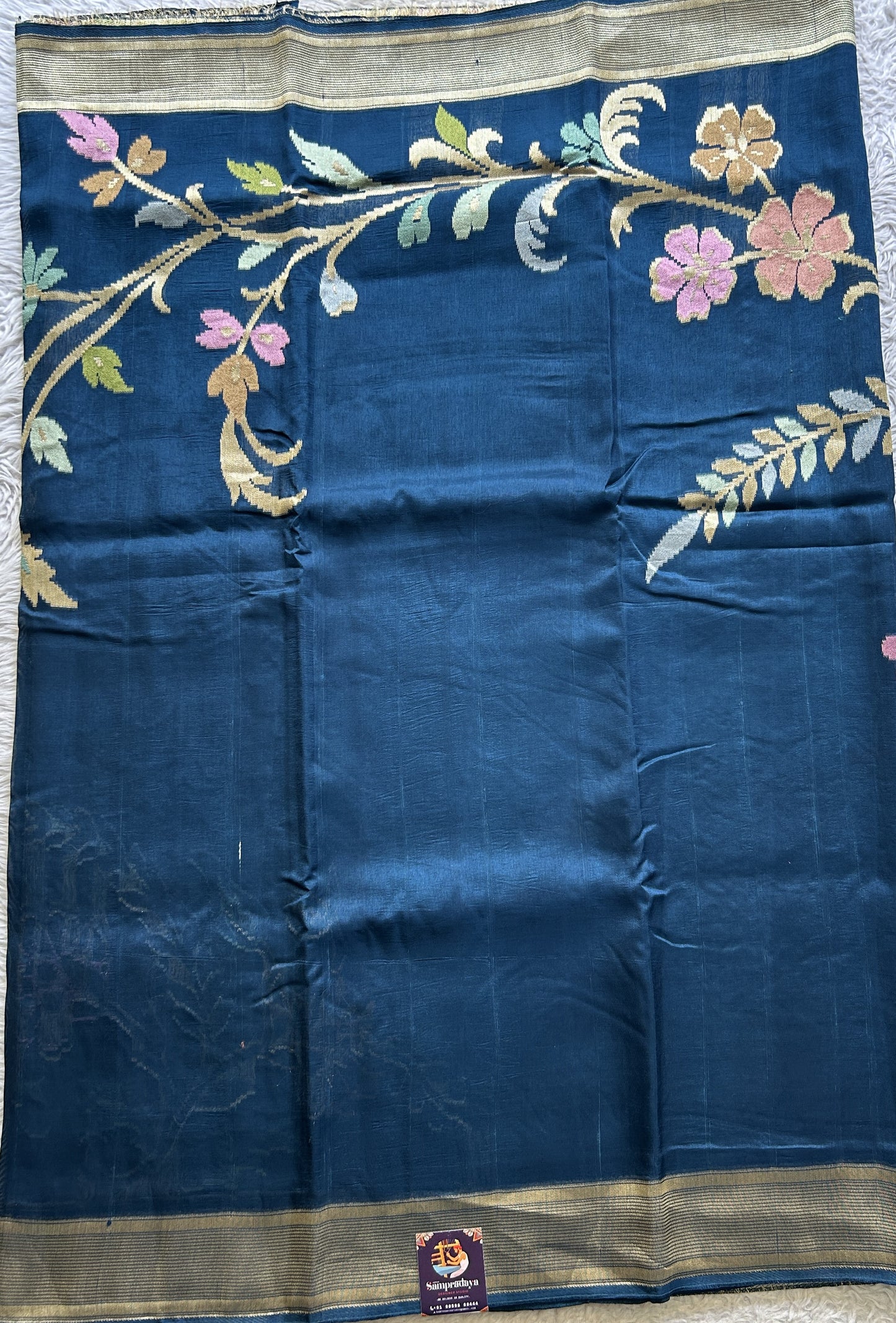 Banarasi Tussar Georgette Plain Saree Peacock Blue Colored Exquisite Zari Border. - Sampradaya Designer Studio