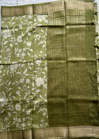 Dola Crepe Saree Olive Green Colored Complemented with a Zari Border. - Sampradaya Designer Studio