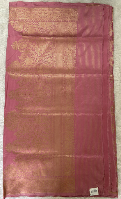 Banarasi Katan Silk Saree Pastel Pink colored Saree complemented with a Light Gold Zari border. - Sampradaya Designer Studio