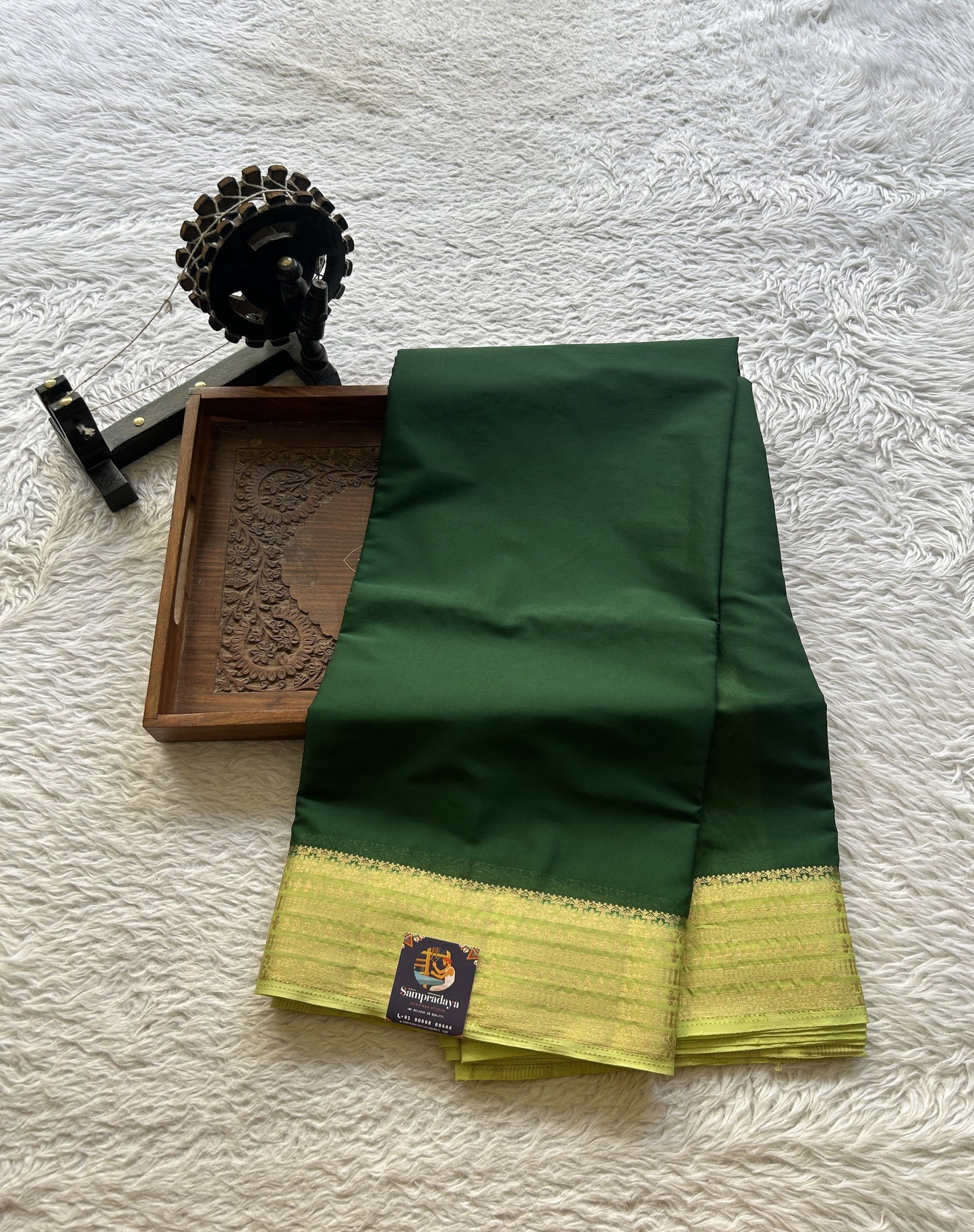 Semi Georgette Saree Dark Green Colored Complemented with a Lemon Green Color Zari Border. - Sampradaya Designer Studio