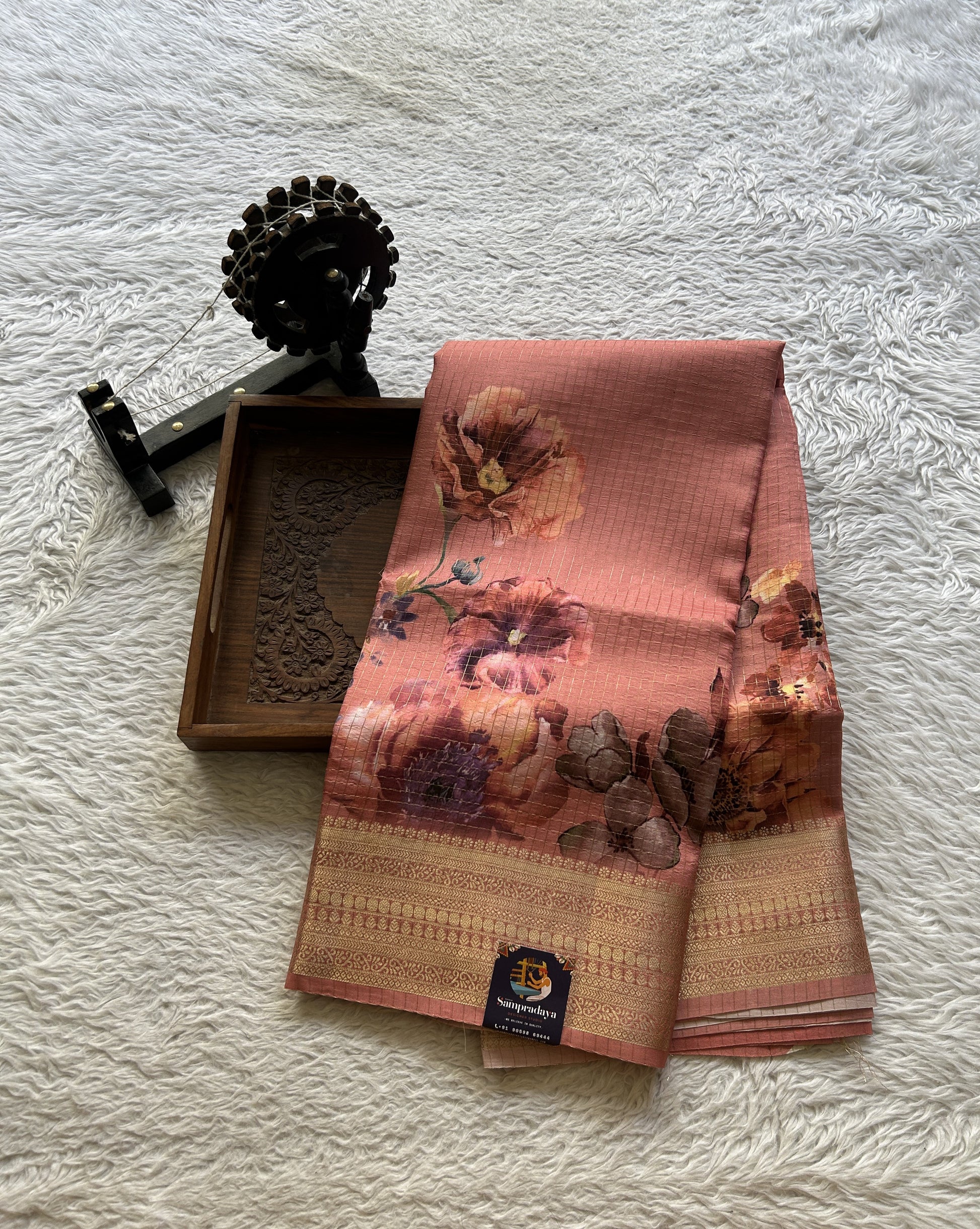 Dola Crepe Saree Dark Peach Colored Elegantly Paired with a Zari Border. - Sampradaya Designer Studio