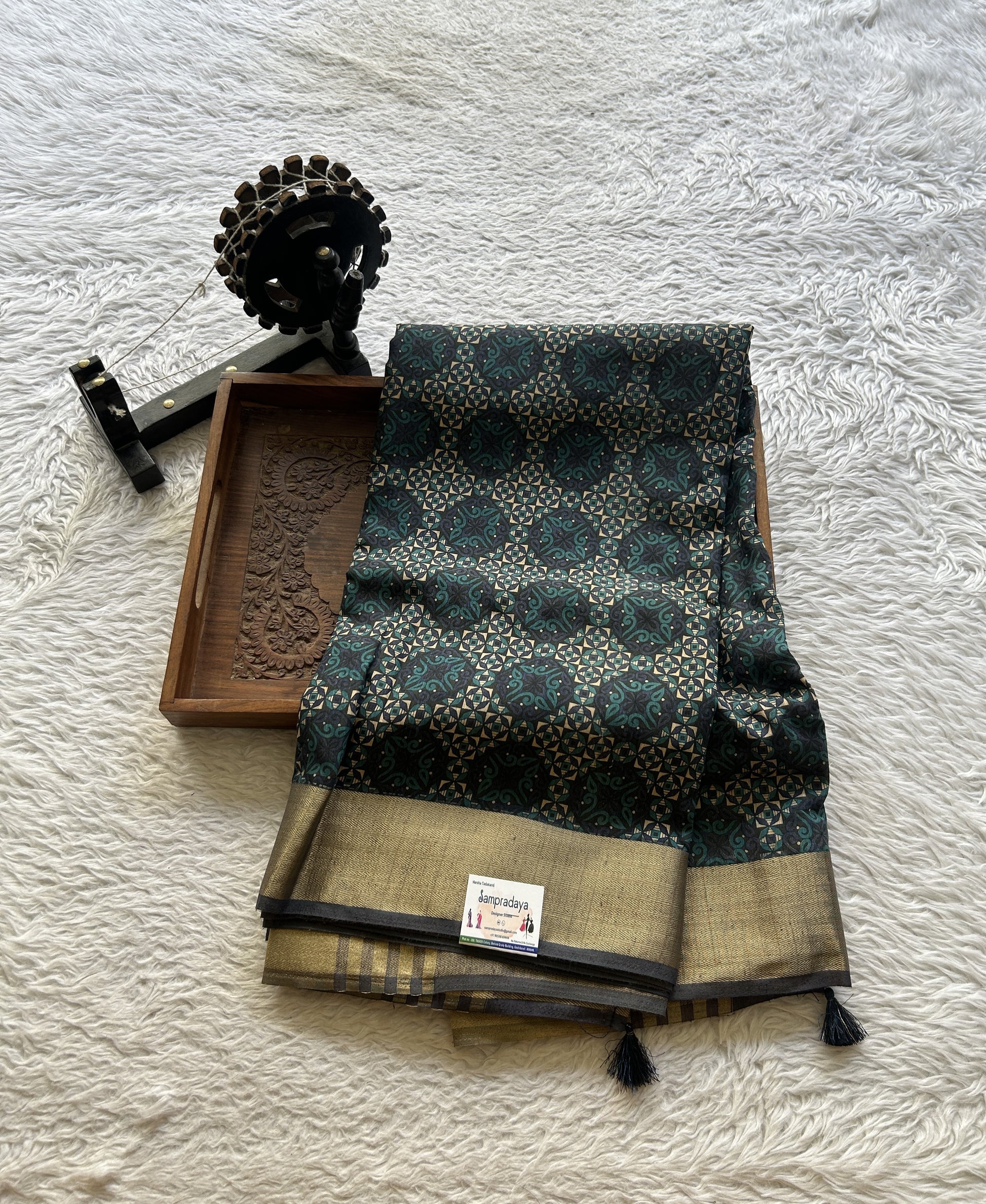 Dola Crepe Saree Navy Blue Colored Elegantly Paired with a Zari Border. - Sampradaya Designer Studio