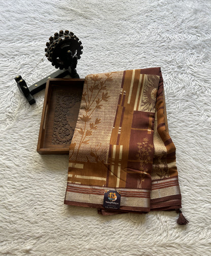 Dola Crepe Saree Chocolate Colored Elegantly Paired with a Zari Border. - Sampradaya Designer Studio