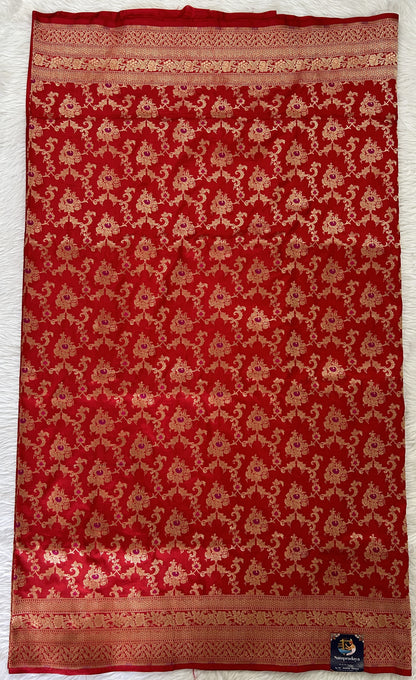 Banarasi Katan Silk Saree Red colored Saree complemented with a Gold Zari border. - Sampradaya Designer Studio