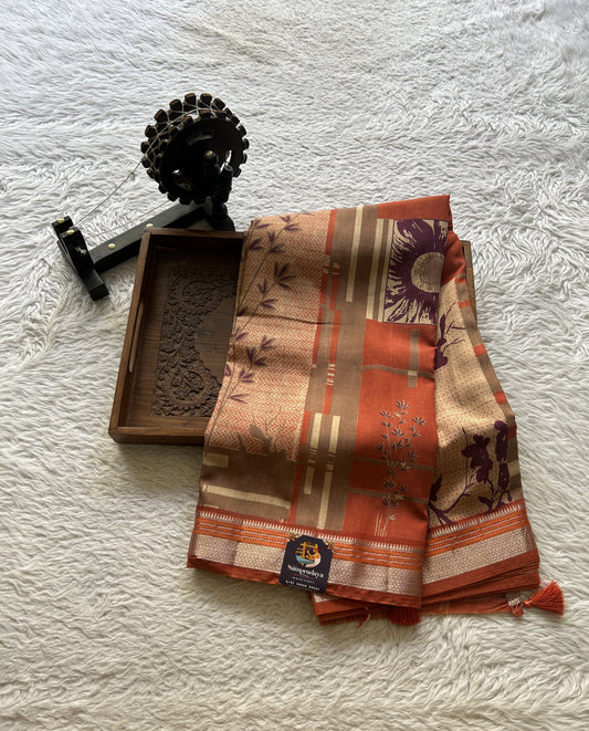 Dola Crepe Saree Red Orange Colored Elegantly Paired with a Zari Border. - Sampradaya Designer Studio