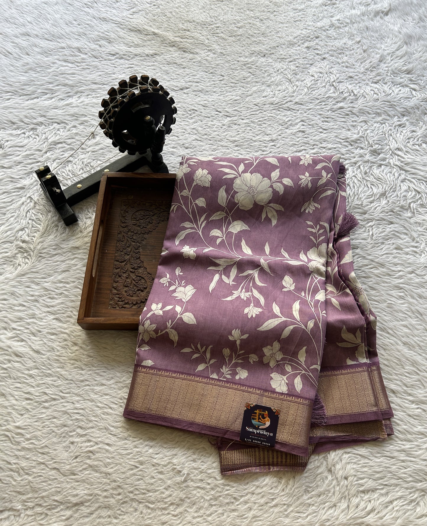 Dola Crepe Saree Lavender Colored Elegantly Paired with a Zari Border. - Sampradaya Designer Studio