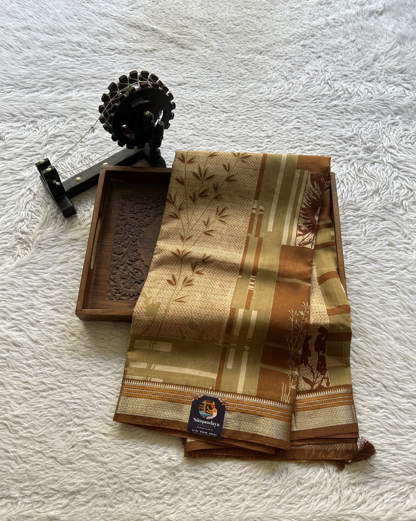 Dola Crepe Saree Dark Mustard Colored Elegantly Paired with a Zari Border. - Sampradaya Designer Studio